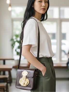 CYNTHIA ROWLEY Brown Leather Shoulder Bag Gold Tone Hardware Dramatic Clasp